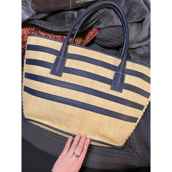 Tory Burch Raffia Navy Striped Straw Double Strap Tote Bag, Authentic - Picture 6 of 8